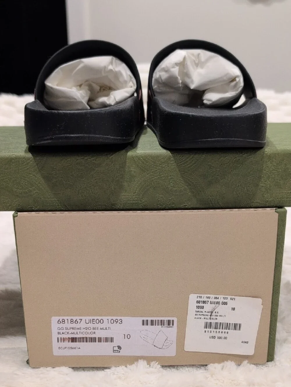 UK10 Gucci Black GG Bee Print Men’s Slide Sandals